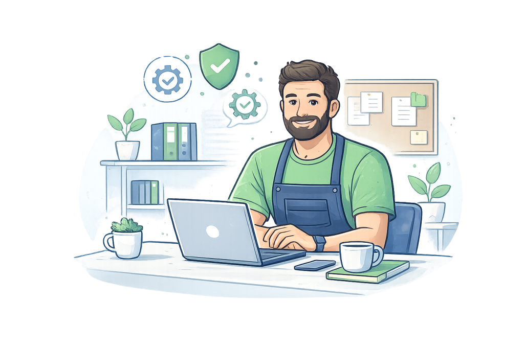 Illustration of a small business owner sat behind a desk at a laptop in a small office setting.