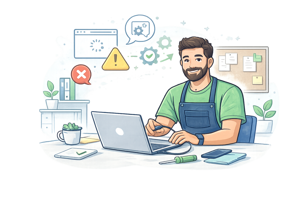 Illustration of a small business owner sat behind a laptop with error and warning icons.